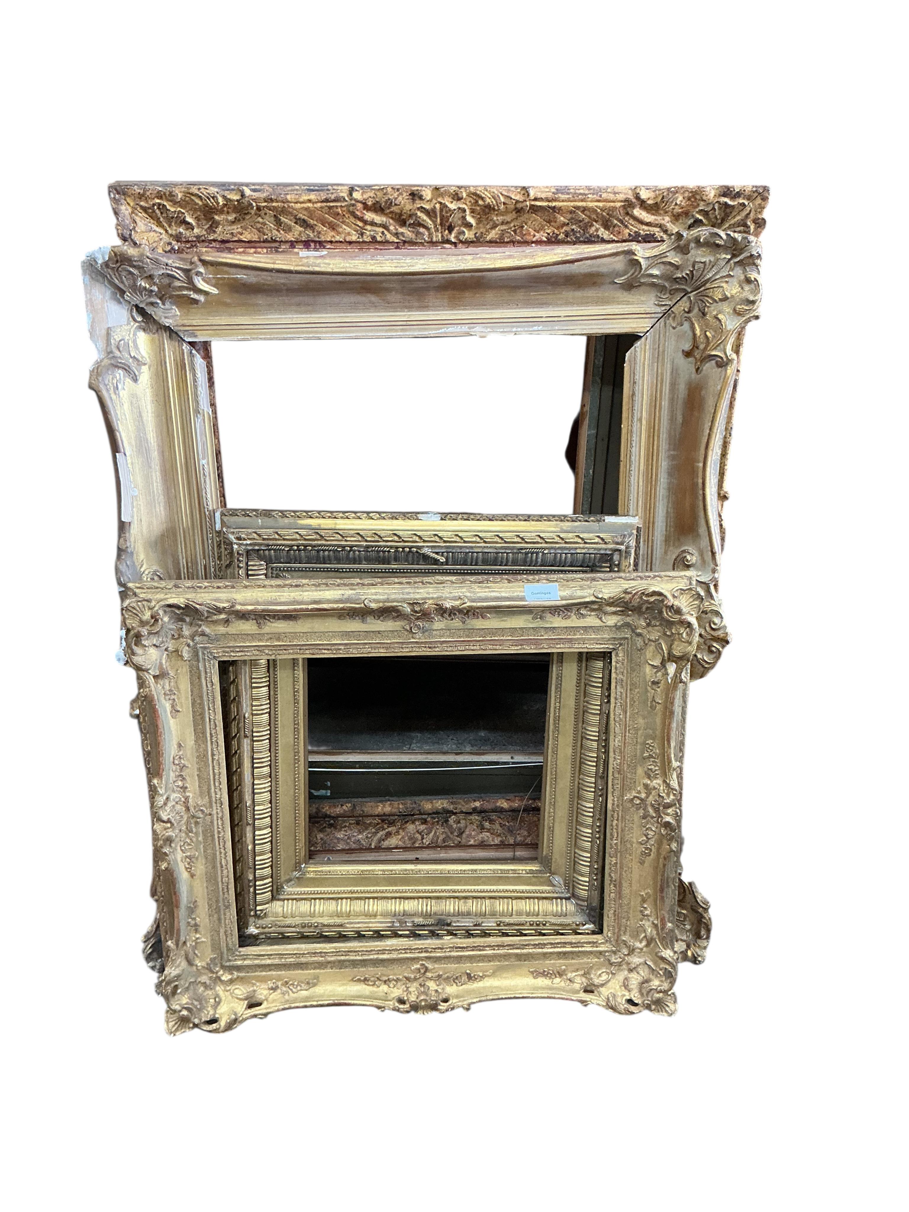 Six assorted Victorian and later giltwood and composition picture frames, largest width 76cm, height 96cm
